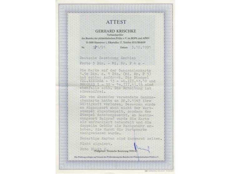 3 Din. mit Stempel "BEOGRAD 10.3.43" auf nicht anerkannter GSK 1,50 Din (nicht mehr postgültig) von "VEL.KIKINDA 6.3" mit Zen