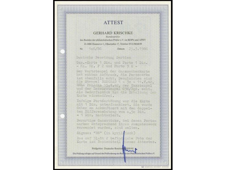 1942, 1 Din. mit Stempel "BELE PALANKA 15.5.42" auf unterfrankierter Aufdruck-GSK 1 Din von "BEORGRAD 11.5." mit Zensur-Ra3 u