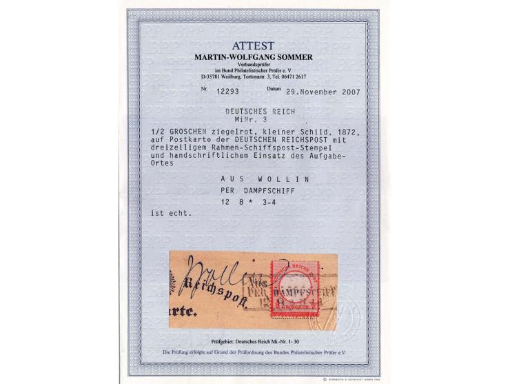 1/2 Gr. ziegelrot mit sehr seltenem Preußen Ra3 "Aus .../PER DAMPFSCHIFF / 12 8 3-4" mit handschriftlichem Einsatz "Wollin" a
