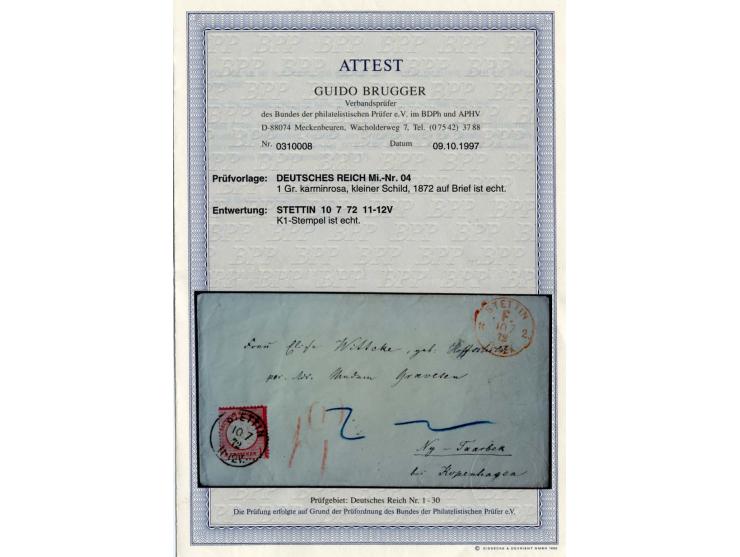 1 Gr. karminrosa mit klarem EKr. "STETTIN 10 7 72" in Kombination mit rotem Franko-Stempel "STETTIN F. L2. / 10 7 72" auf Bri