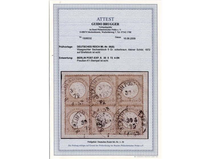 5 Gr. ockerbraun, waagerechter 6er-Block, gestempelt "BERLIN POST -EXP.8 / 30.5.72" auf Briefstück, der Block ist rechts etwa