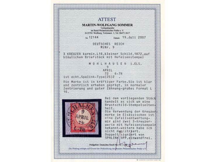 3 Kr. karmin mit vollständig abgeschlagenem Hufeisenstempel "MÜHLHAUSEN i. ELS. 9 APRIL 72" (Spalink 26-2) auf Briefstück, se