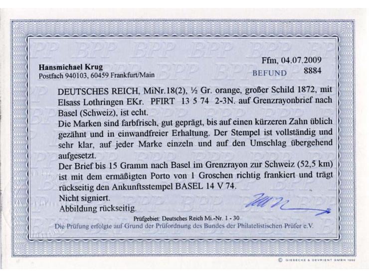 1/2 Gr. orange im senkrechten Paar mit Lothringen EKr. "PFIRT 13 5 74" auf Grenzrayonbrief nach Basel, bis auf einen kürzeren