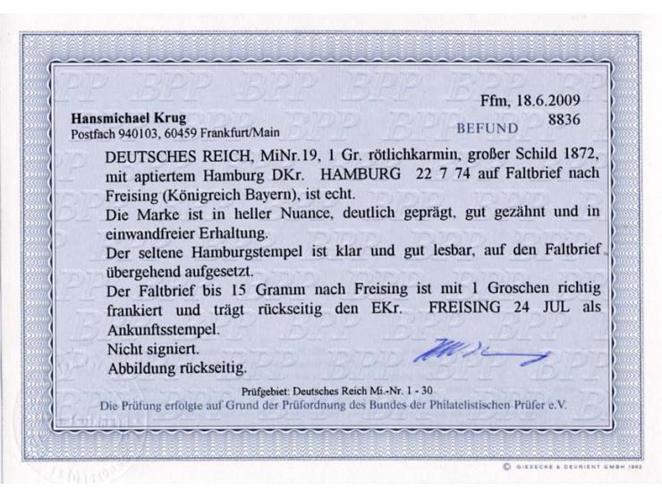 1 Gr. rötlichkarmin mit aptiertem Hamburg-DKr. "HAMBURG 22 7 74" auf Faltbrief nach Freising, der nicht häufige Stempel ist s