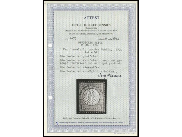 1 Kr. dunkelgrün, farbfrisch und sehr gut geprägt, gezähnt und zentriert, postfrisch, Kabinett, Fotoattest Hennies BPP, dazu 
