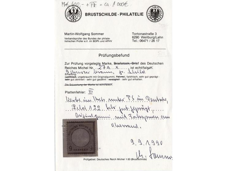 9 Kr. rötlichbraun mit Plattenfehler "Kerbe im Kreis unter TS", Feld 122, ungebraucht, Pracht, Fotobefund Sommer BPP (Mi. 1.0