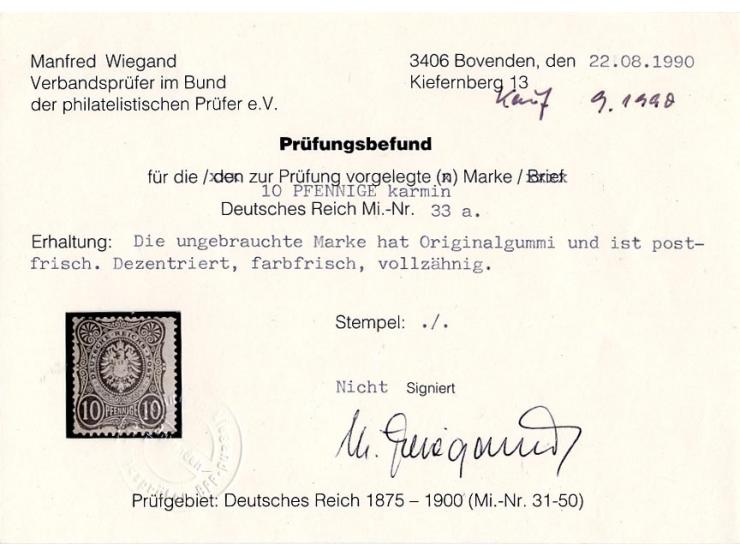 10 Pfge. karmin, postfrisch, Pracht, Fotobefund Wiegand BPP (Mi. 400,-)