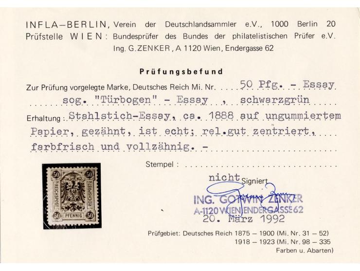 50 Pfg., Essay im Türbogenmuster in den Farben dunkelviolett, gelbbraun und schwarzgrün, ungebraucht ohne Gummi, sign. und 50