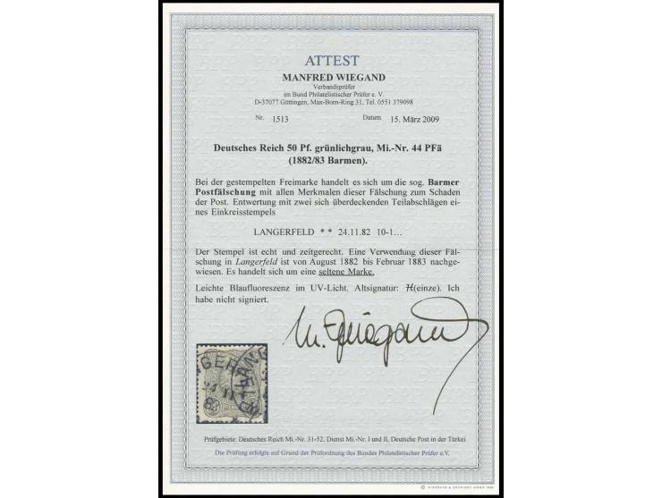 50 Pfg. grünlichgrau, Barmer Postfälschung mit sauberem Stempel "LANGERFELD 24.11.82", im UV-Licht leichte Blaufluoreszenz, a