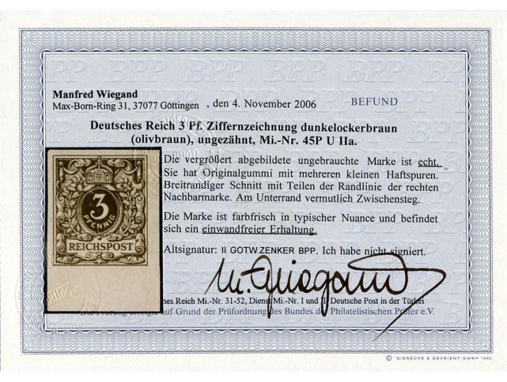 Probedrucke: 3 Pfg. olivbraun, ungezähnte Unterrandmarke, allseits breit- bis überrandig, ungebraucht, Pracht, sign. Zenker B