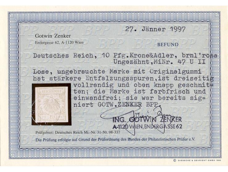3 Pfg. graubraun ungezähnt, allseits breitrandig, Pracht, sign. Wiegand BPP, und 10 Pfg. bräunlichrosa, vollrandig, oben knap