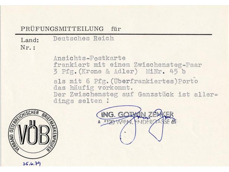 3 Pfg. graubraun im senkrechten Zwischenstegpaar, sauber gestempelt "DARMSTADT 8.6.97" auf  Ansichtskarte nach Karlsruhe, sig