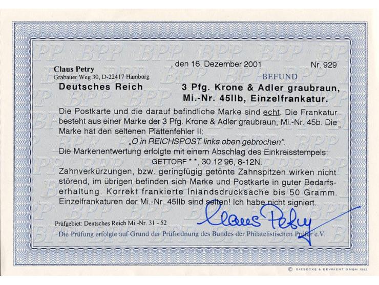 3 Pfg. graubraun mit seltenem Plattenfehler "O in Reichspost links oben gebrochen" (Feld 50) als Einzelfrankatur mit EKr. "GE