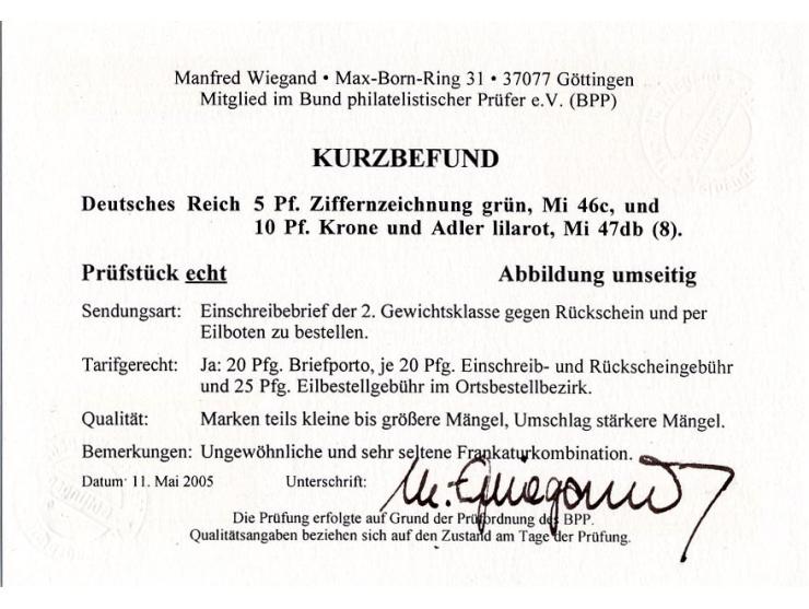 5 Pfg. bläulichgrün und 10 Pfg. blutrot im senkrechten 6er-Block und Paar, auf gefaltetem Einschreibebrief der 2. Gewichtsstu