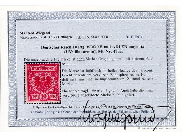 10 Pfg. magenta, farbfrisch, rechts verkürzte Zahnspitze, ungebraucht, Befund Wiegand BPP