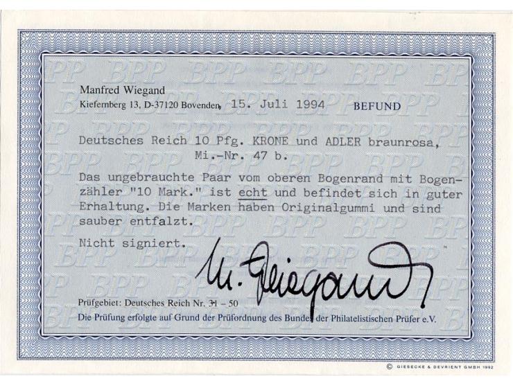 10 Pfg. braunrosa im waagerechten Oberrandpaar mit Randinschrift "10 Mark", ungebraucht, Pracht, Fotobefund Wiegand BPP