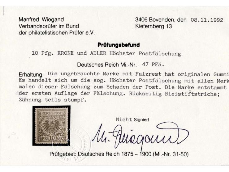 Fälschungen zum Schaden der Post: Höchster Postfälschung 10 Pfg. karminrosa und 10 Pfg. bräunlichrot, (1. und 2. Auflage)  un