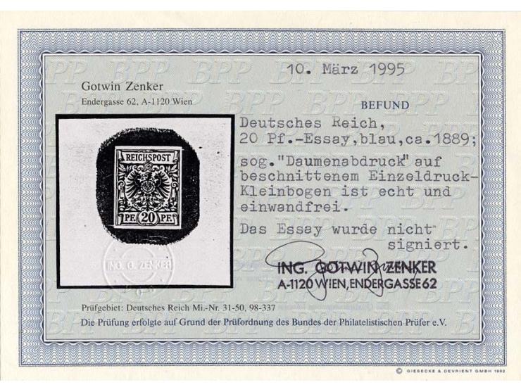 20 Pfg. ultramarin, Stempelabzug auf ungummiertem in kleinem Blockformat, ungezähnt, ganz leichte Bugspur, Fotobefund Zenker 