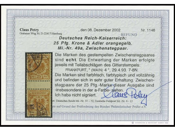 25 Pfg. gelborange im senkrechten Zwischenstegpaar, sauber gestempelt, Pracht, Fotobefund Petry BPP (Mi. 400,-)
