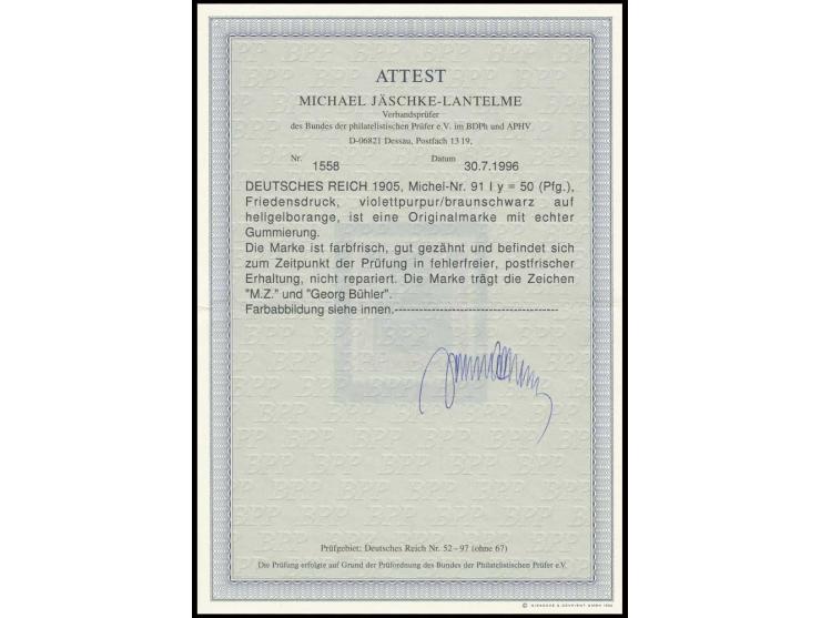 50 Pfg. auf orangeweiß, farbfrisch und gut gezähnt in fehlerfreier postfrischer Erhaltung, u.a. sign. Georg Bühler und Fotoat