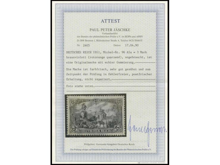 3 M. schwarzviolett, postfrisch, Kabinett, Fotoattest Jäschke BPP (Mi. 1100,-)