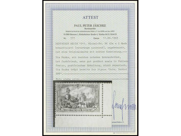 3 M., rechte untere Bogenecke, postfrisch, Pracht, sign. Zenker BPP und Fotoattest Jäschke BPP (Mi. 1.100,-)