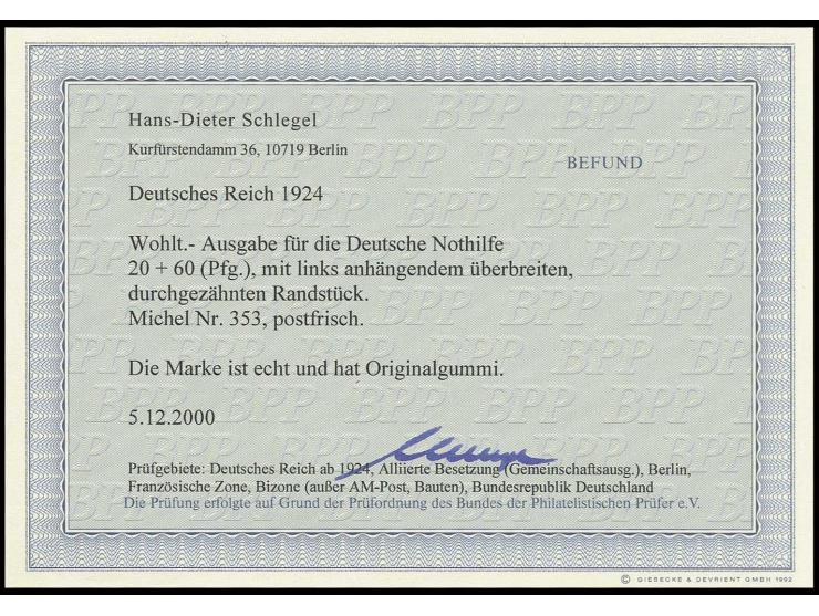1924, Nothilfe 20 Pfg. mit durchgezähntem Leerfeld links, außerordentlich selten, Pracht, Fotobefund H.-D. Schlegel BPP
