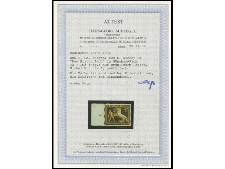 1939, Braunes Band 42 Pfg. auf grünlichem Papier, postfrisches linkes Randstück, Pracht, doppelt sign. sowie Fotoattest Schle