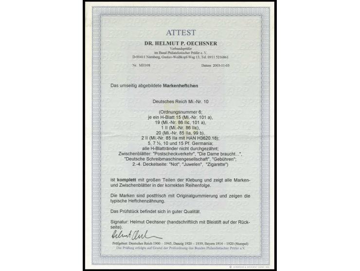 1918, Markenheftchen Germania 3 M., ONr. 6, Heftchenblätter nicht durchgezähnt, postfrisch in einwandfreier Erhaltung, Pracht