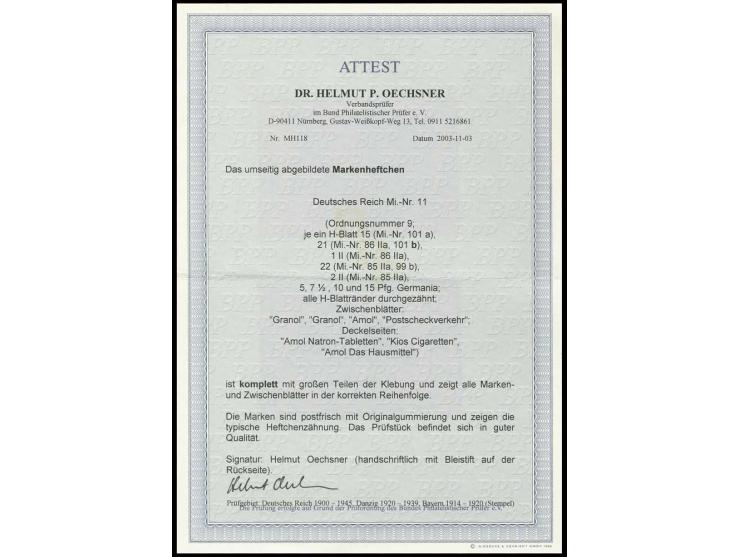 1919, Markenheftchen Germania 3 M., ONr. 9, Heftchenblätter durchgezähnt, postfrisch in einwandfreier Erhaltung, Pracht, rück