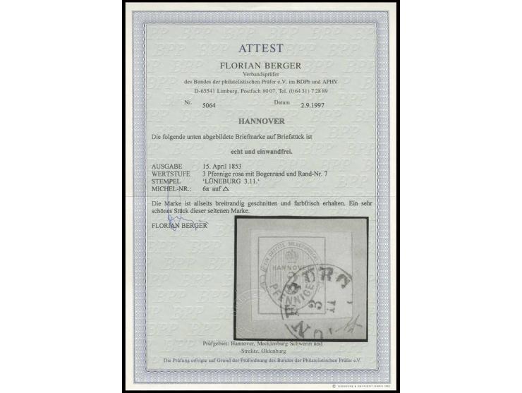 1853, 3 Pfg. rosa, allseits sehr breitrandiges rechtes Randstück mit Reihenzähler "7", mit klarem EKr. "LÜNEBURG 3/11" auf Br