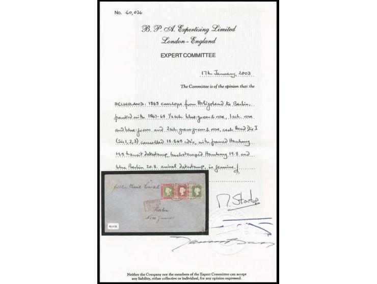 Eigene Ausgaben: 1867/73, ½ Sch. zusammen mit 1 und 2 Sch., alle farbfrisch als Streifen geklebt mit zwei klaren Stempeln "HE