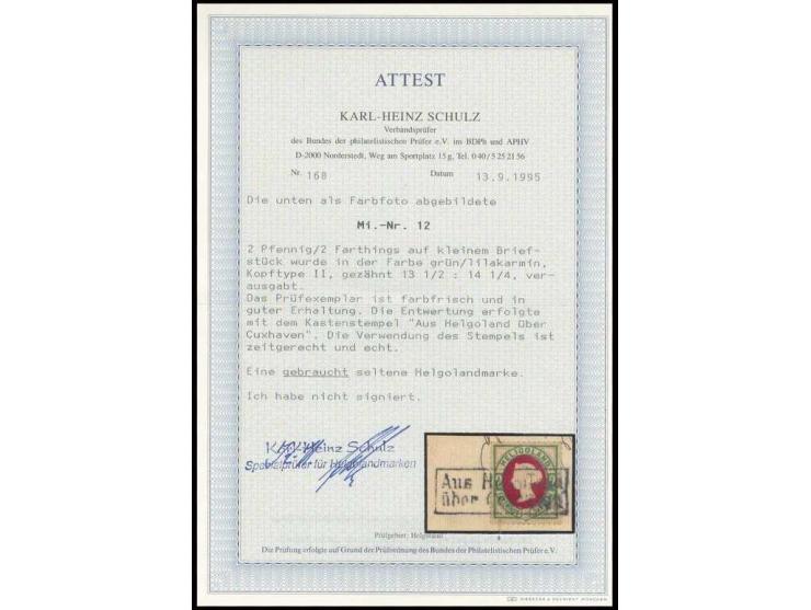 2 Pfg. grün/lilakarmin mit sauberem Ra2 "Aus Helgoland über Cuxhafen" auf kleinem Briefstück, Kabinett, Fotoattest Schulz BPP
