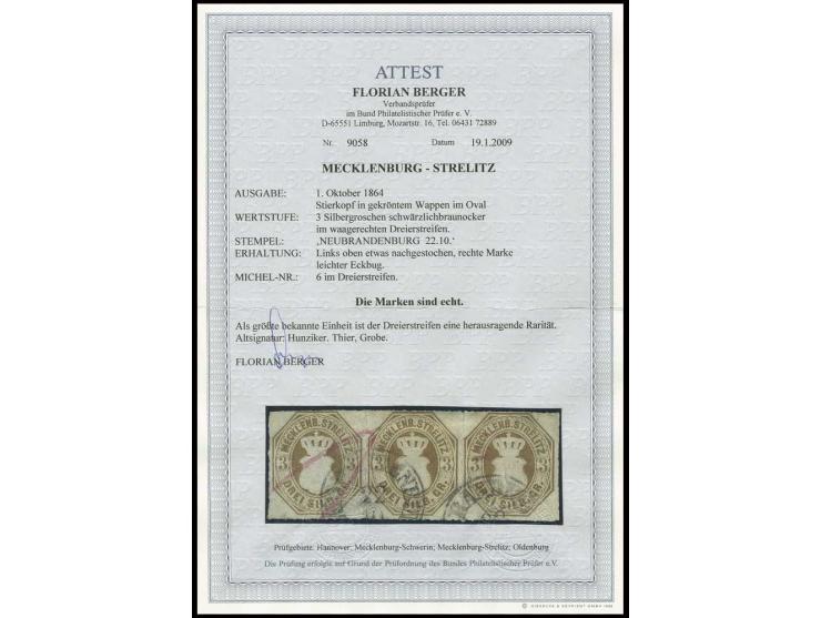 1864, 3 Sgr. braun im waagerechten Dreierstreifen, entwertet mit zweimal aufgesetztem DKr. "NEUBRANDENBURG 22.10", linke und 