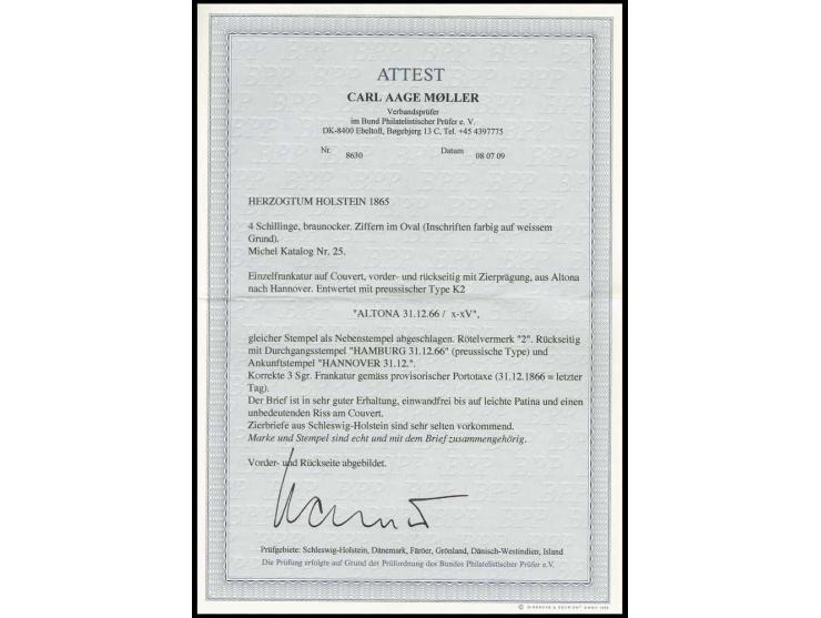 4 Sch. braunocker, farbfrisch und gut durchstochen mit sauberem DKr. "ALTONA 31 12 65" auf vorder- und rückseitig geprägtem Z