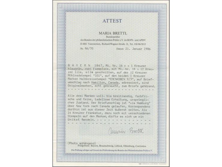 12 Kreuzer lila mit gMR "101" zusammen mit 2 Stück 2 Kreuzer blaugrün mit Segmentstempel "EDENKOBEN 9/3" (1868) auf Briefkuve
