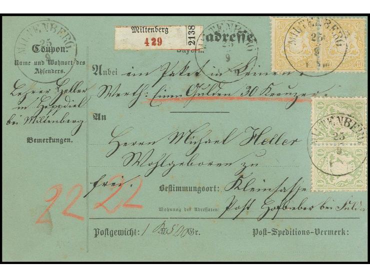 10 Kreuzer mattgelb und 1 Kreuzer hellgrün, je im waagerechten Paar, alle Werte gut gezähnt, mit EKr. "MILTENBERG 25/9" (1874