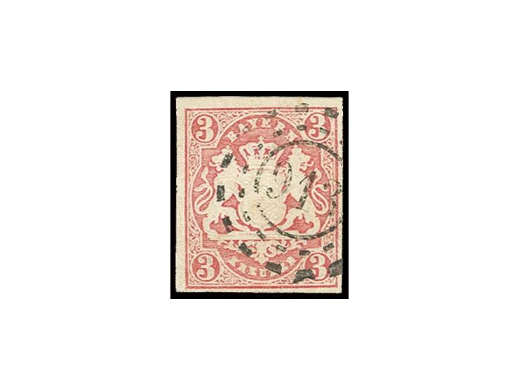"913" LACHEN (Pfalz), klar und fast vollständig abgeschlagen auf Wappen 3 Kreuzer rosa, voll- bis breitrandig; die Marke klei