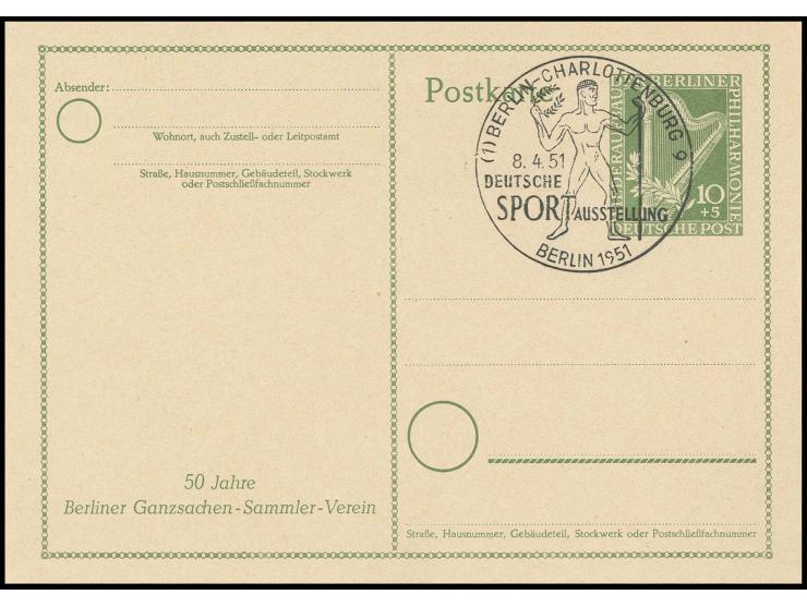 GANZSACHEN: 1951, Karte Philharmonie 10 Pfg. mit zweizeiligem Zudruck, sauber blanko gestempelt, Befund Schlegel BPP