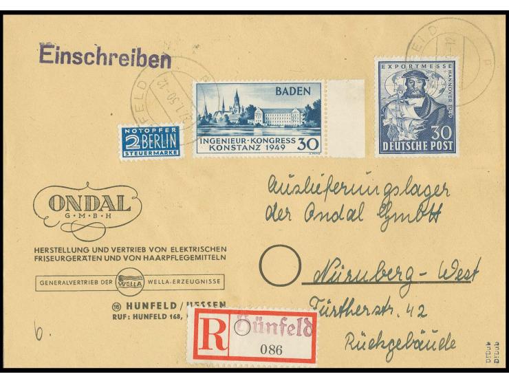 Konstanz 30 Pfg., zweite Auflage, mit Zufrankatur mit Stempel "HÜNFELD 27.1.50" auf portogerechtem R-Brief nach Nürnberg, Kla