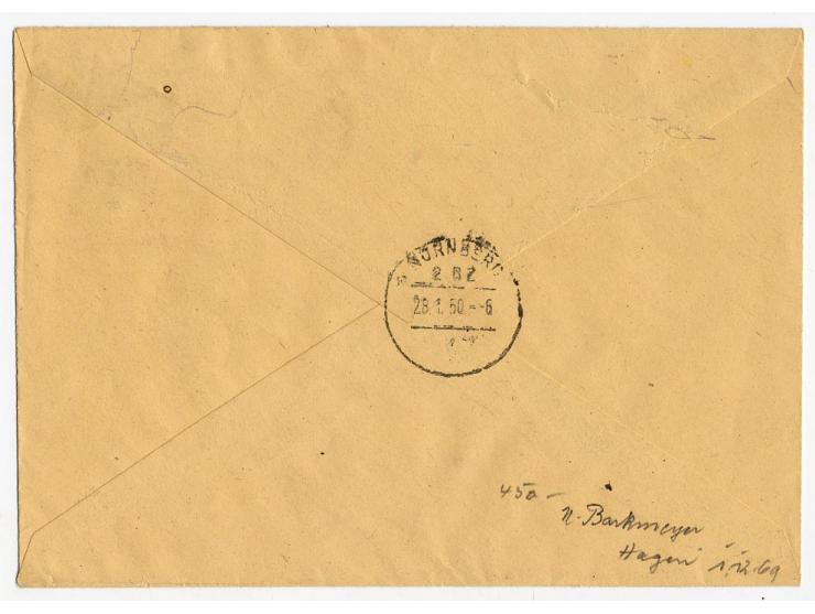 Konstanz 30 Pfg., zweite Auflage, mit Zufrankatur mit Stempel "HÜNFELD 27.1.50" auf portogerechtem R-Brief nach Nürnberg, Kla