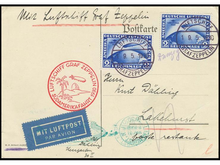 Karte mit 2 Stück 2 M. mit beiden Wz. und Bordpoststempel vom 19.5. nach Lakehurst mit vorderseitigem Ankunftsstempel, schwac