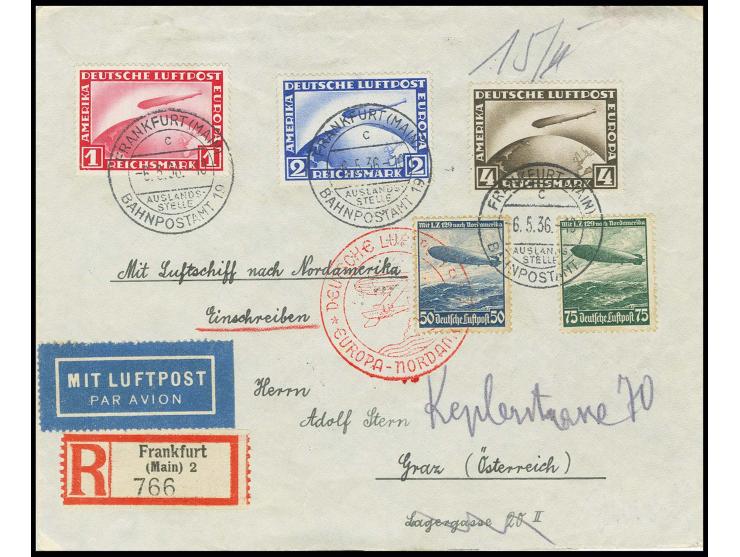 1. Nordamerikafahrt, R-Brief mit u.a. Zeppelin 1, 2 und 4 M., entwertet "FRANKFURT BAHNPOSTAMT 19", adressiert nach Österreic