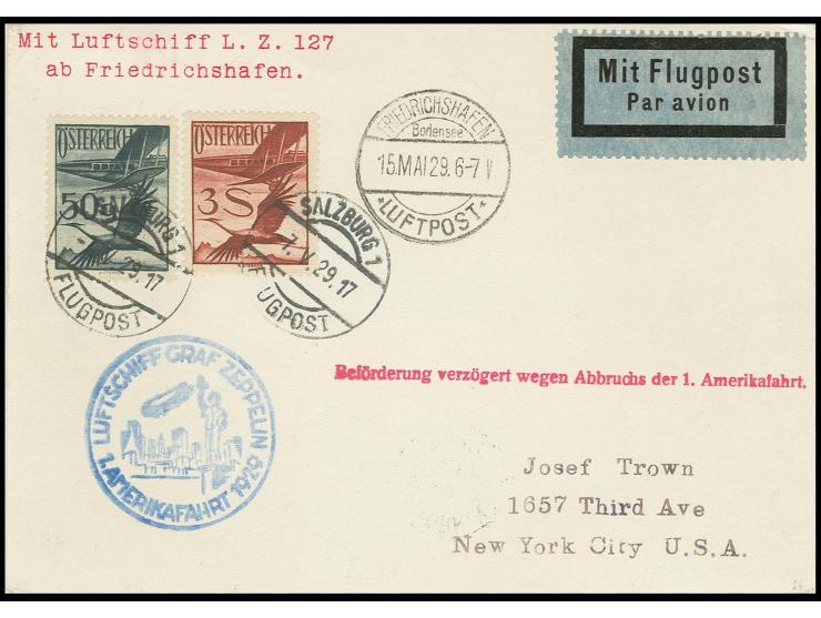 ÖSTERREICH: 1929, versuchte Amerikafahrt, Karte mit Verzögerungsstempel, Kabinett