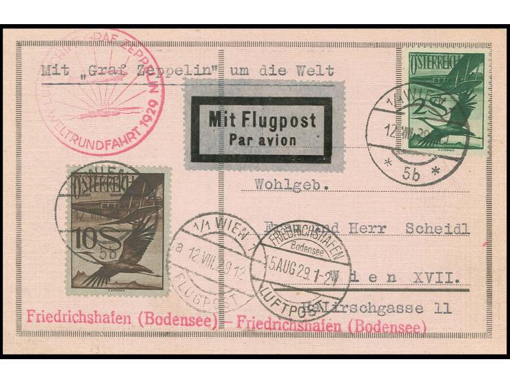 Weltrundfahrt, Karte der Rundfahrt mit u.a. Flugpost 10 Sch., Pracht