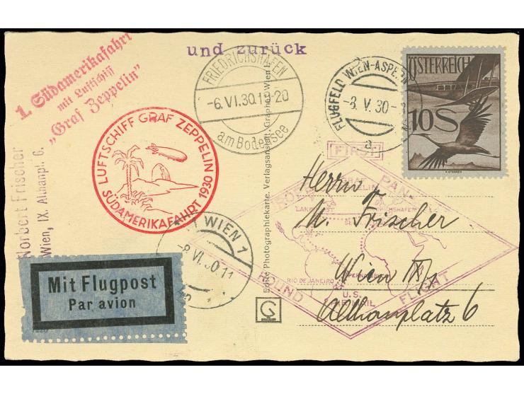 1930, Südamerikafahrt,  Karte der Rundfahrt mit Einzelfrankatur Flugpost 10 Sch., Kabinett