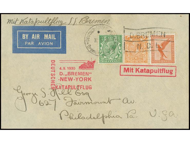 GROSSBRITANNIEN: 1930, "BREMEN"-New York 4.9.", Brief Seepostaufgabe mit GB/DR-Mischfrankatur, frühest bekannte britische Kat