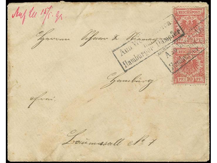 1893, 10 Pfg. braunrosa im senkrechten Paar mit Ra3 "Aus West-Africa/ mit Hamburger Dampfer" auf Brief mit rotem handschriftl