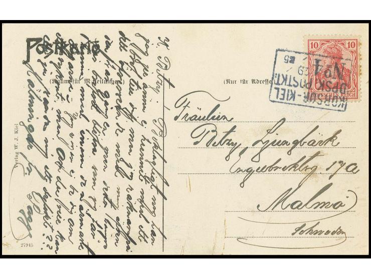 1906, "KORSOER-KIEL / DPSK:POSTKT:/No. 4 29/5" auf Germania 10 Pfg. (stockig) auf Karte (Ansicht Kiel) nach Malmö/Schweden