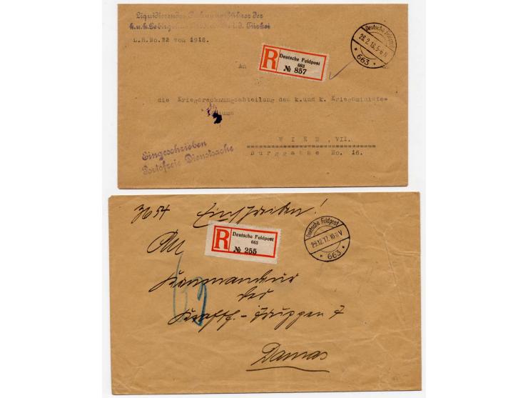 1917/18, 8 portofreie Dienst-R-Briefe mit Stempel "Deutsche Feldpost 663" (ex 29.12.17-13.8.18, alles Nazareth), bis auf eine